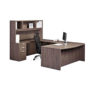 Brown U-Shaped desk with hutch with office supplies